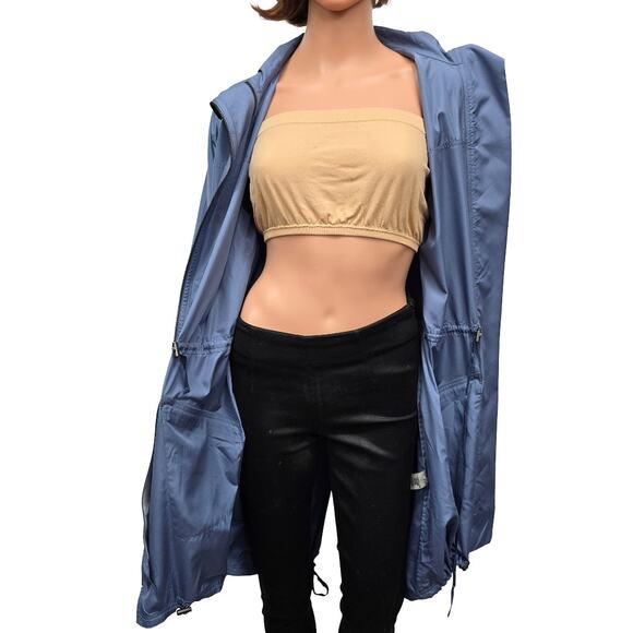 Elie Tahari Long Windbreaker Rain Coat Size M Full Zip Pockets Fishtail hem Blue - Picture 9 of 13